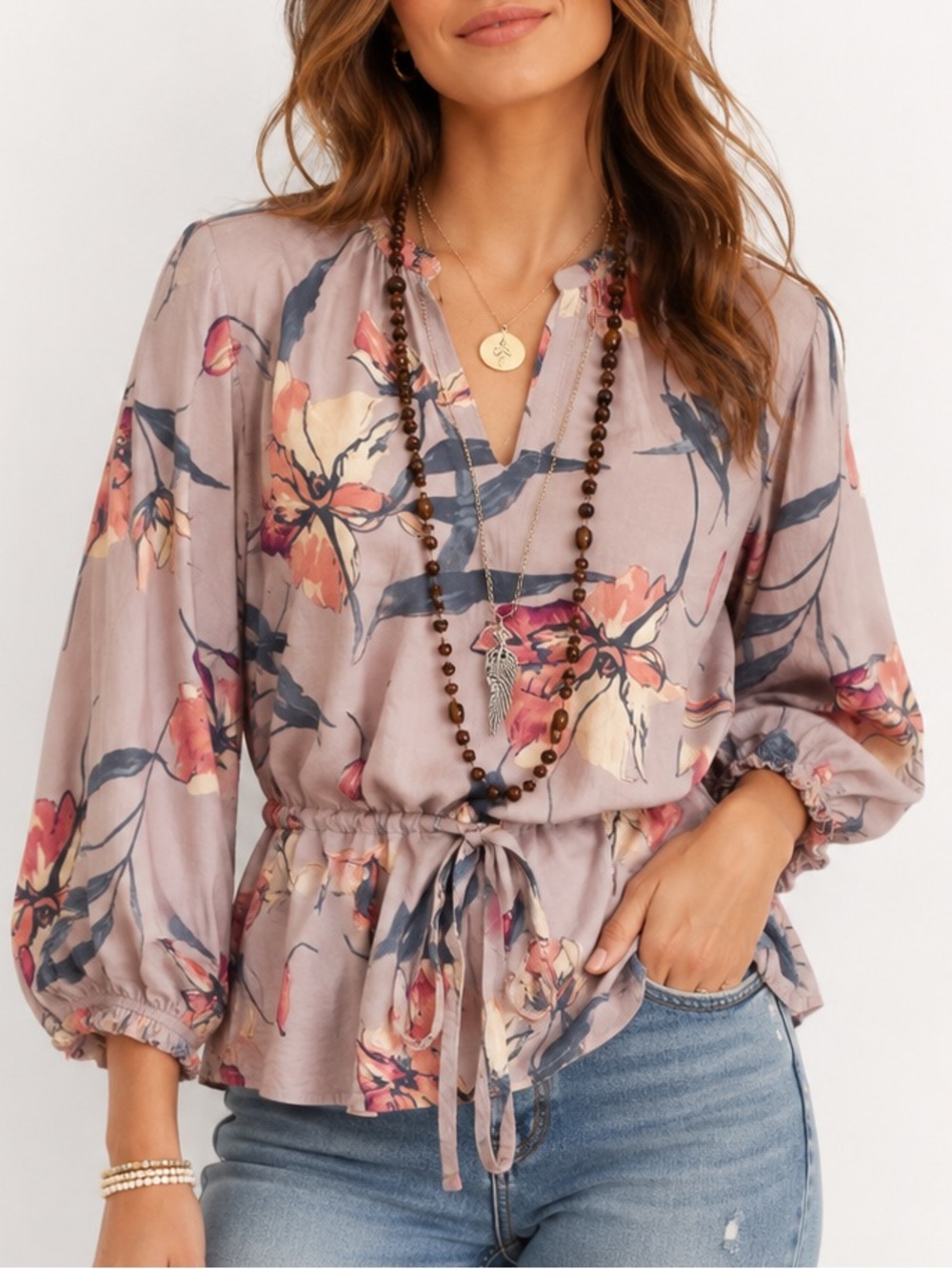 A New Day Floral Peasant Blouse With Tie Waist Cottagecore Boho Chic Medium